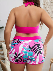 Halter Neck Bikini Set & Tropical Print Shorts Swim