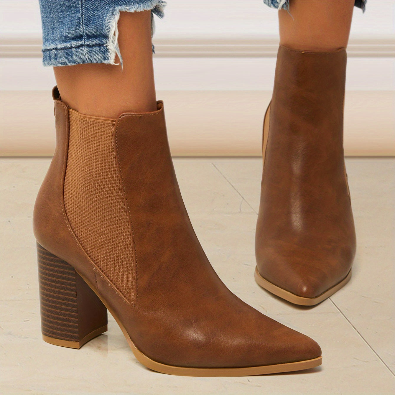 Women's Block Heel Ankle Boots Pointed Toe Slip On Faux Leather Shoes