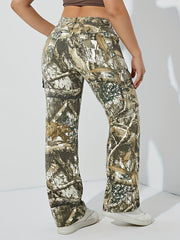 Retro Jeans Women's Plus Leaf Print Cargo Denim Pants
