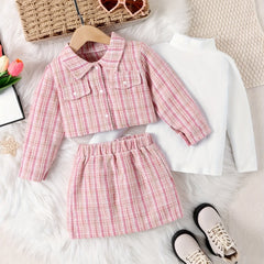 Girls 3pcs Turtleneck Top Coat Skirt Set Plaid Texture Casual Kids Clothes