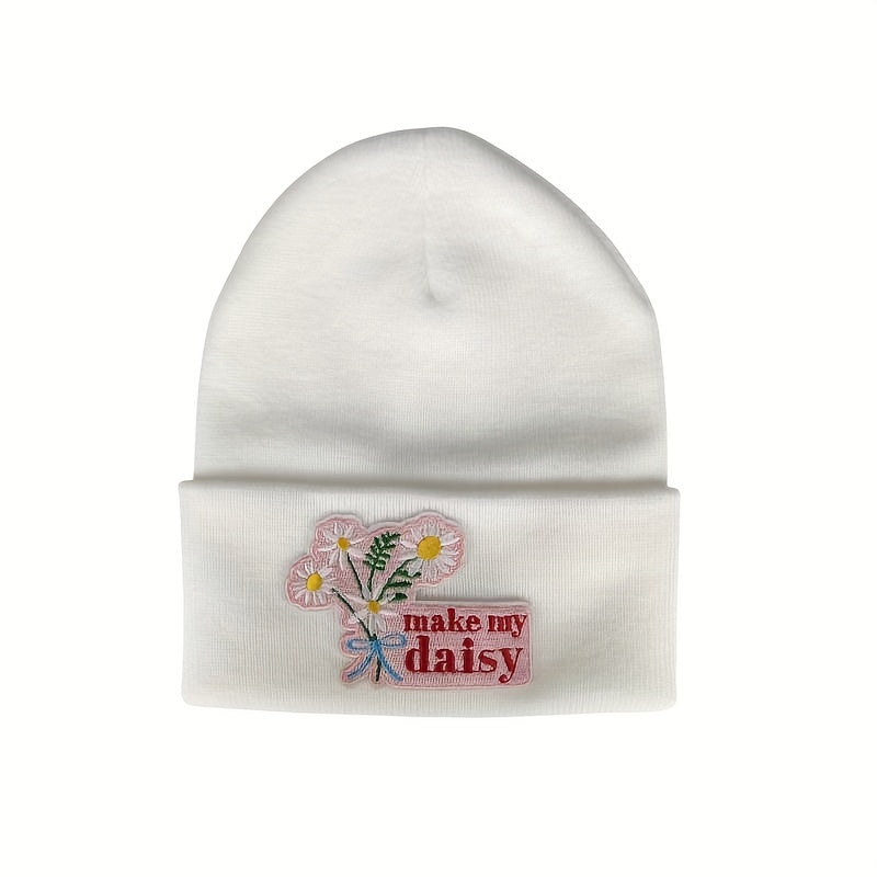 Daisy Embroidery Patch Beanie Knit Hat Windproof Warm Skull Cap