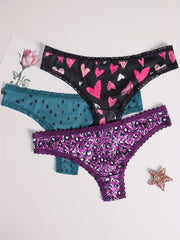 3 Pack Plus Size Thongs Set Women's Plus Lace Heart Print Medium Stretch