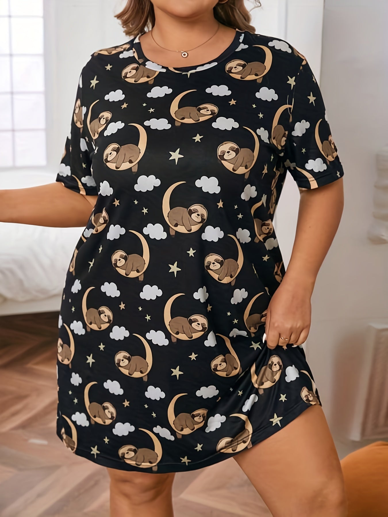 Women's Plus Sloth & Cloud Print Short Sleeve Nightdress