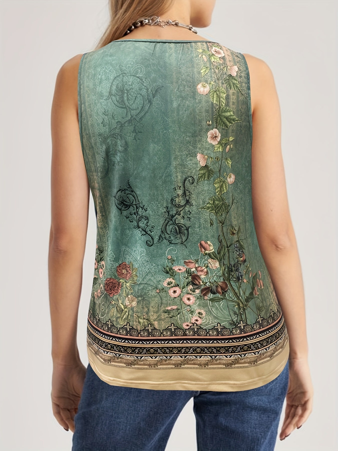 Floral Print Button Decor Notched Neck Tank Top