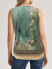 Floral Print Button Decor Notched Neck Tank Top