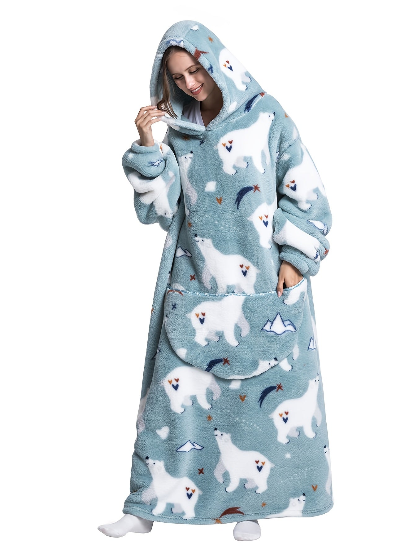 Women's Plus Polar Bear Print Plush Flannel Hoodie Nightgown