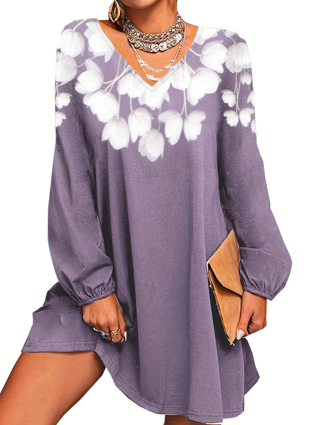 Floral Print V Neck Dress Long Sleeve Dress for Spring & Fall