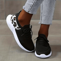 Leopard Print Sneakers Breathable Knitted Lace Up Low Top Running Shoes