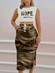Casual Two piece Set Letter Print Top & Camo Split Skirt