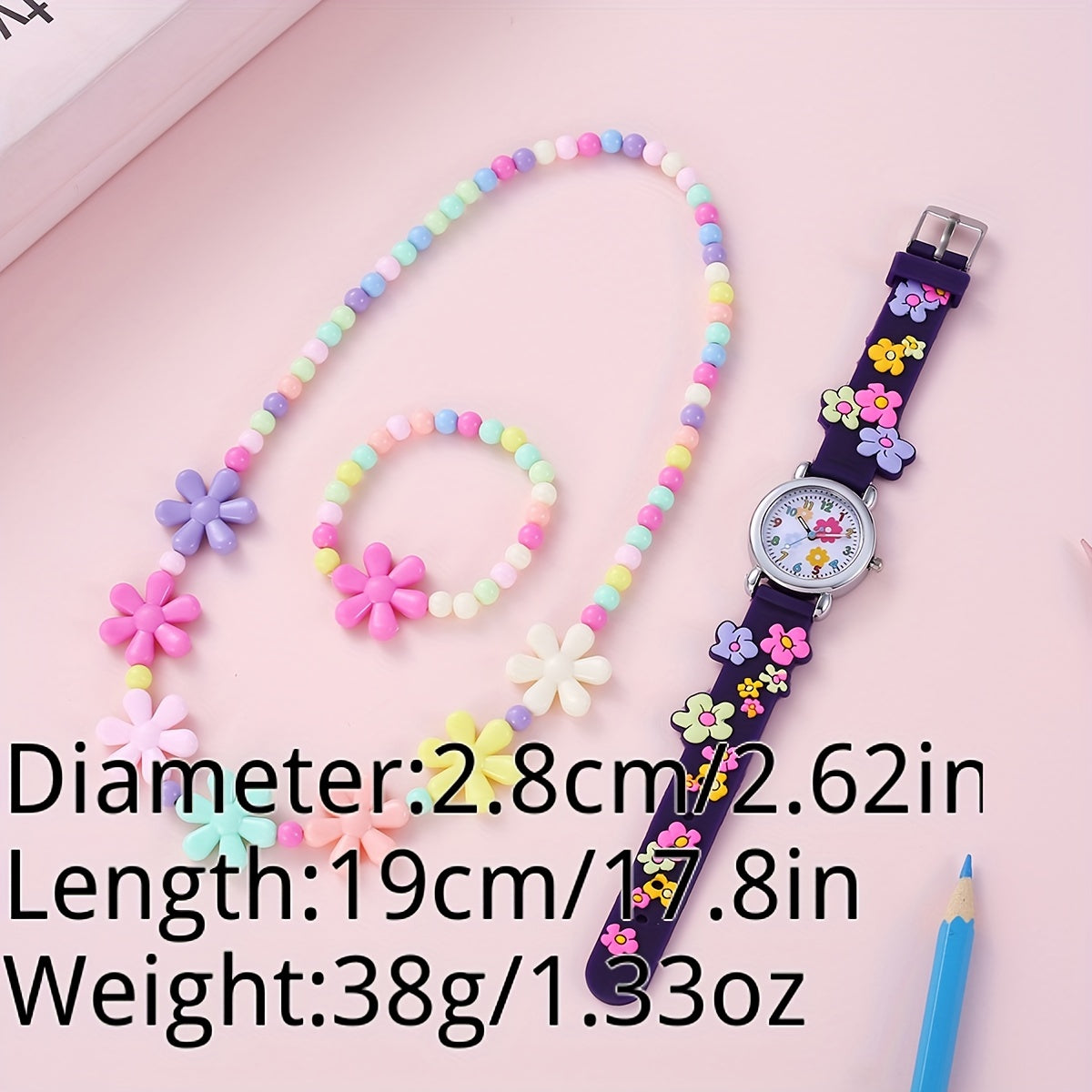 Kids Flower Pattern Watch, Bracelet, Necklace Set