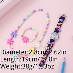 Kids Flower Pattern Watch, Bracelet, Necklace Set