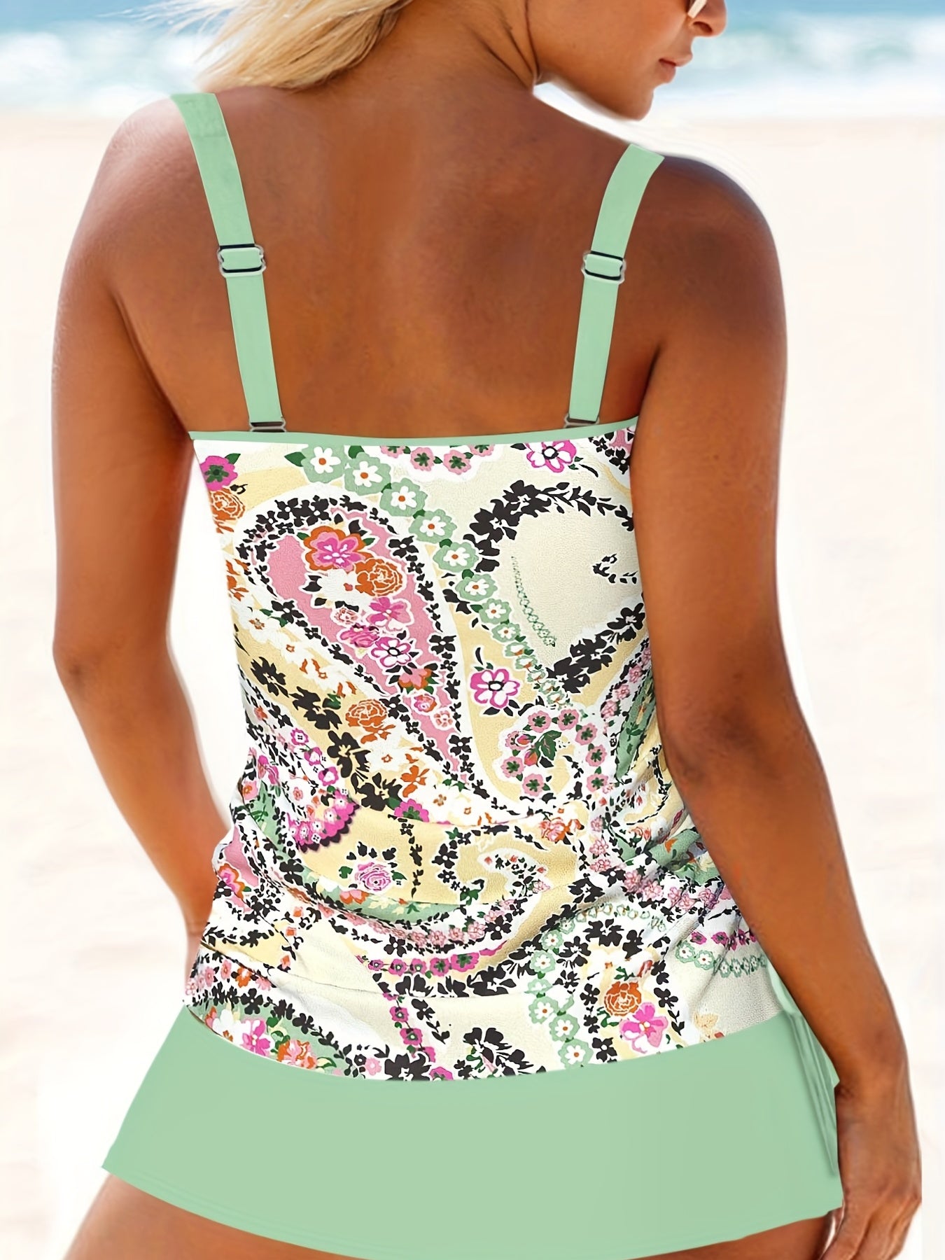 Paisley Print Tankini Set with Ruched Cami Top & Skort Swimsuit