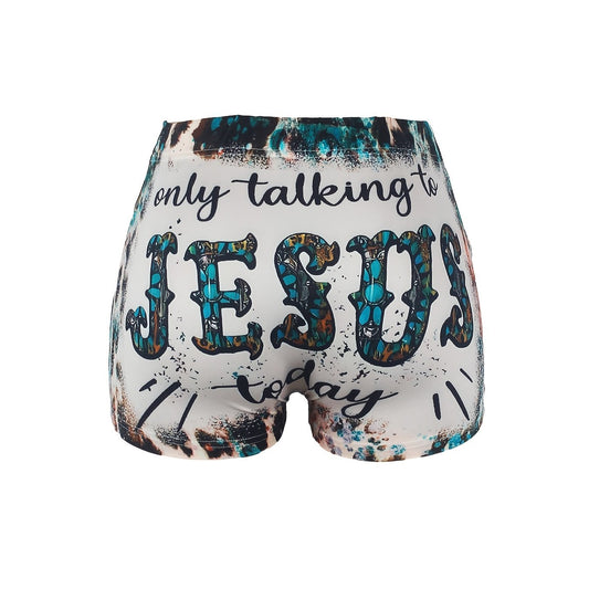 Letter & Leopard Print Skinny Shorts Casual Shorts For Spring & Summer