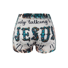 Letter & Leopard Print Skinny Shorts Casual Shorts For Spring & Summer