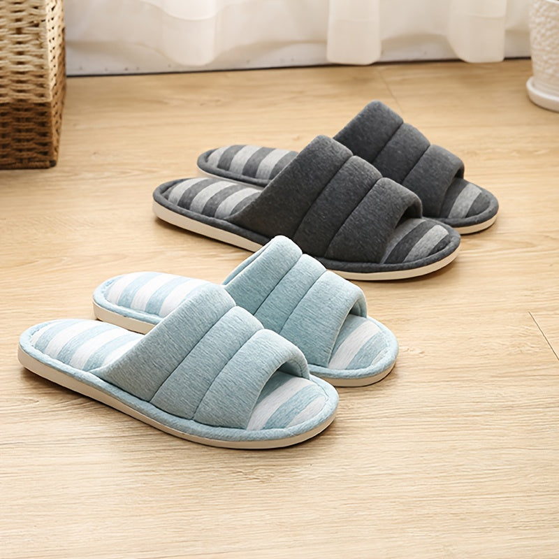 Stripe Pattern Slippers Open Toe Plush Lined Shoes