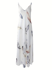 Feather Print Backless V Neck Maxi Cami Dress