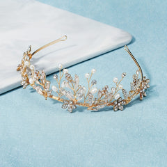 Alloy Leaf Rhinestone Headband Faux Pearl Crown Hair Accessories