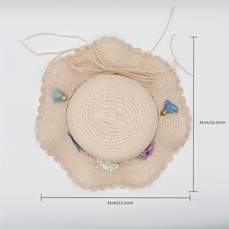 2pcs Girls Lace Trim Straw Hat Sun Hat & Zipper Straw Bag Set for Spring Summer