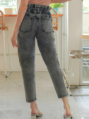 High Waist Paperbag Waist Denim Jeans Casual Drawstring Pencil Pants