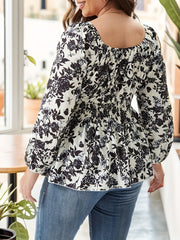 Floral Lantern Sleeve Peplum Top Square Neck Plus Size