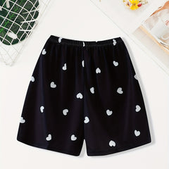 Heart Print Sleep Bottoms Soft & Comfy Elastic Waistband Shorts Women's
