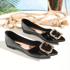 Rhinestone Buckle Point Toe Flat Shoes Lightweight Faux Leather Dress Shoes