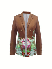 Graphic Print Buttons Decor Blazer Lapel Long Sleeve Blazer