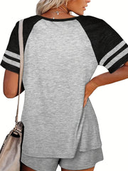 Colorblock Stripe Print Tee & Drawstring Shorts Set