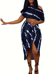 Striped Print Two piece Set Ruched Bag Hip Skirts Outfits