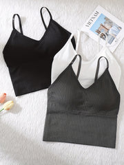 3pcs Ribbed Cami Tops V Neck Sleeveless Casual & Comfy