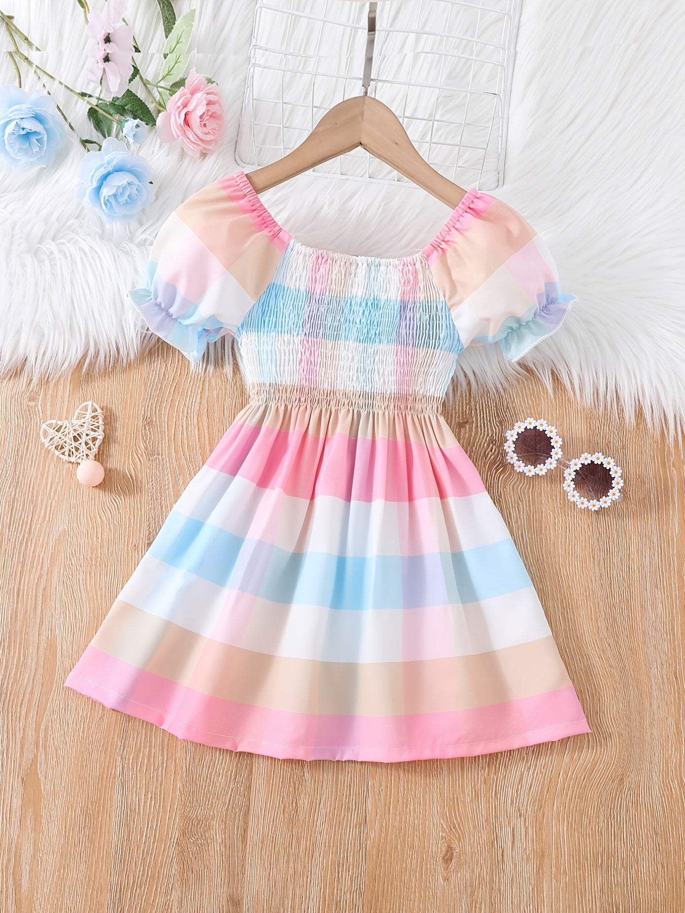 Girls Shirred Puff Sleeve Colorful Plaid Party Dress Kids Summer Clothes