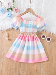 Girls Shirred Puff Sleeve Colorful Plaid Party Dress Kids Summer Clothes