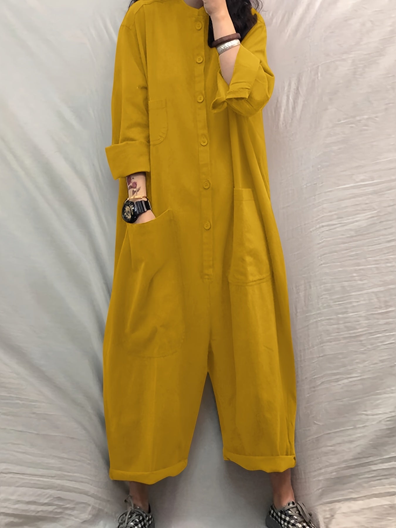 Solid Pockets Jumpsuit Casual Stand Collar Button Front Long Sleeve
