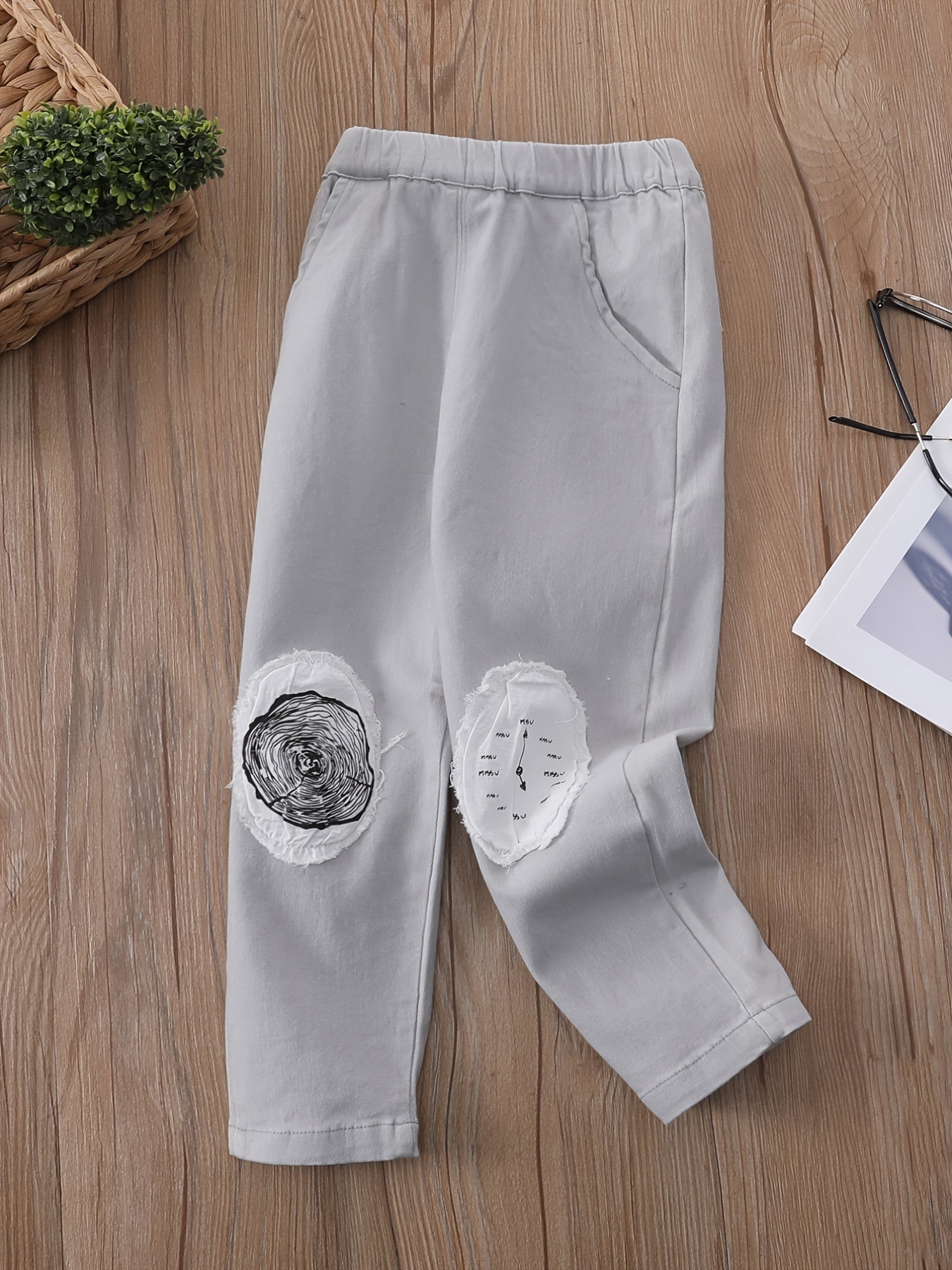 Boys Cotton Casual Trousers with Alarm Clock Patchwork