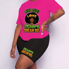 Women's Plus Letter & Figure Print Top & Shorts Outfits Set