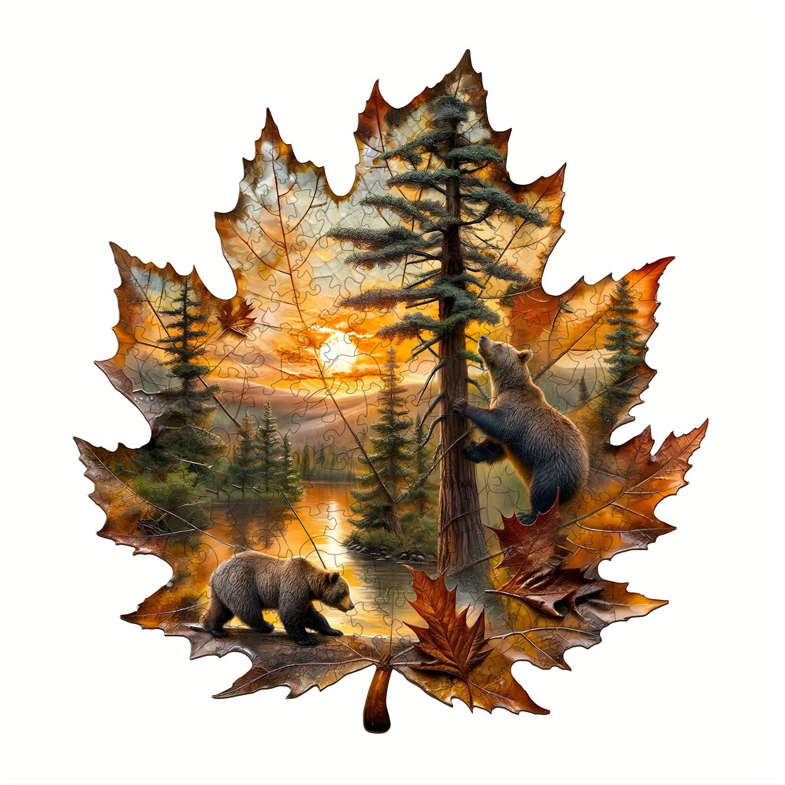 Autumn Wooden Jigsaw Puzzle Brown Bear Fall Foliage Art Gift