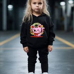 Winking Kitty Print Hoodies Pants Set For Kids Fall Sports