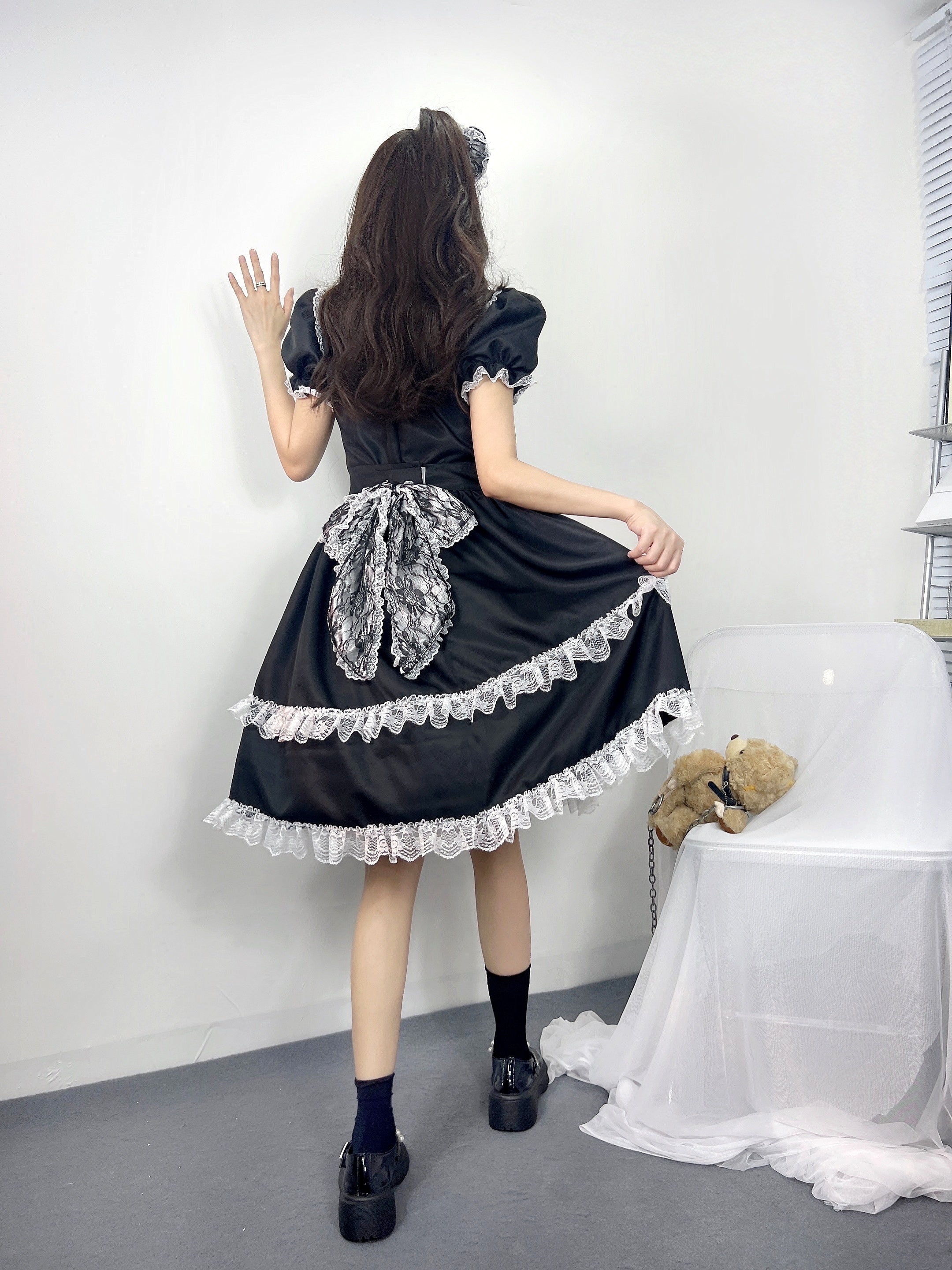 Halloween Lolita Lace Dress Illusion Neckline Puff Sleeve A-Line