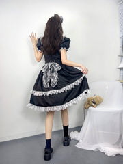 Halloween Lolita Lace Dress Illusion Neckline Puff Sleeve A-Line