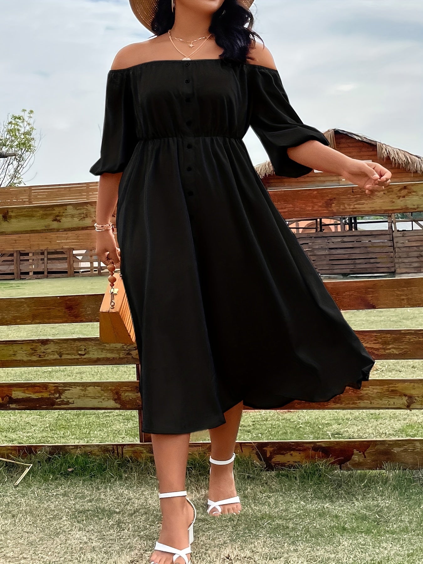 Casual Dress Women's Solid Off Shoulder Button Up Midi Dress