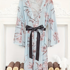 Floral Print Mesh Night Robe Long Sleeve Robe With Belt Women's Lingerie