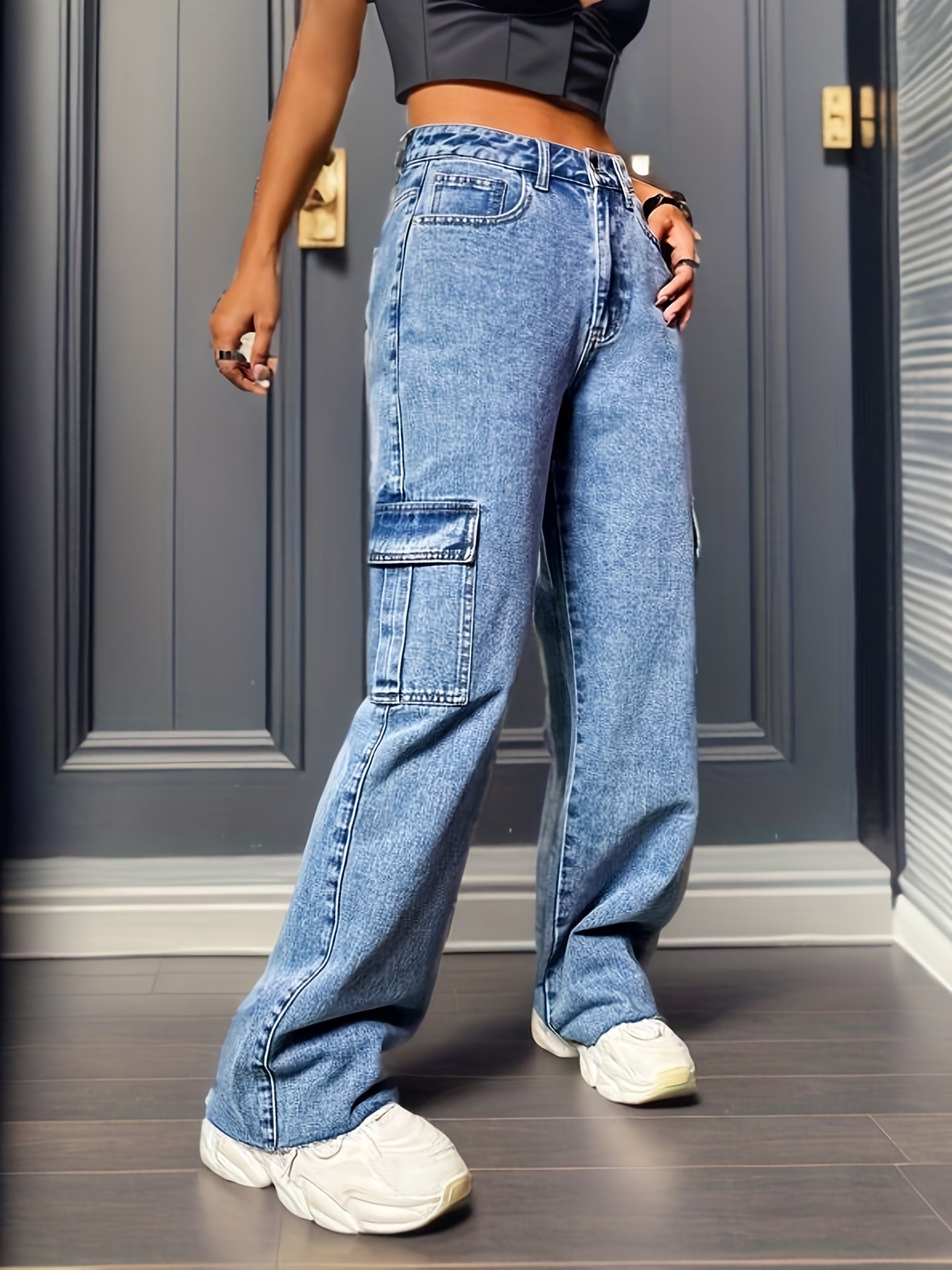 Flap Pockets Cargo Pants High Waist Straight Jeans
