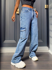 Flap Pockets Cargo Pants High Waist Straight Jeans