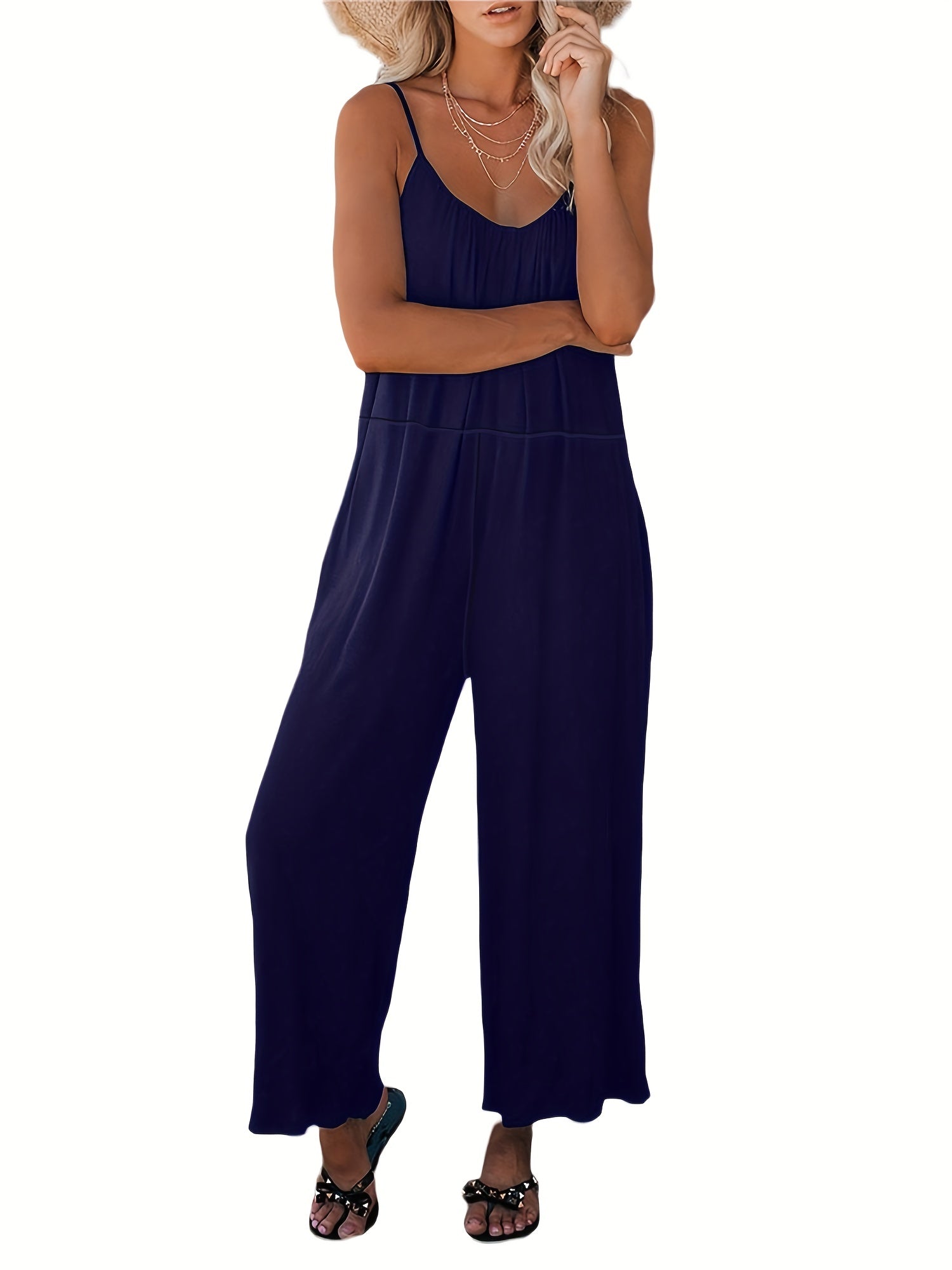 Spaghetti Palazzo Jumpsuit Casual Wide Leg Long Length