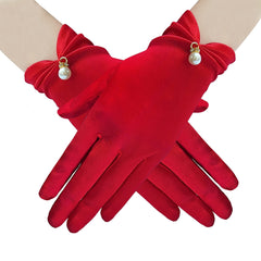 Short Satin Gloves with Faux Pearl Inlay for Bride