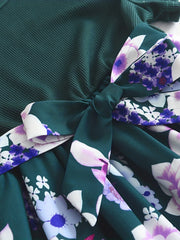 Floral Print Belted Dress Short Sleeve Round Neck A Line Flared Dresses