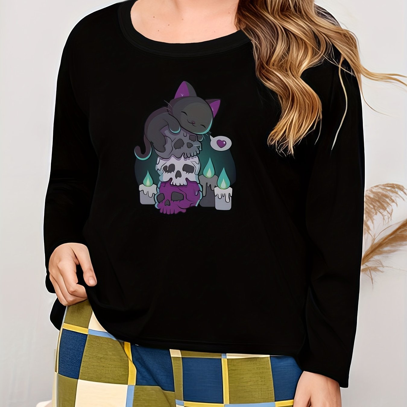 Cat & Skull Print Long Sleeve Pajama Top