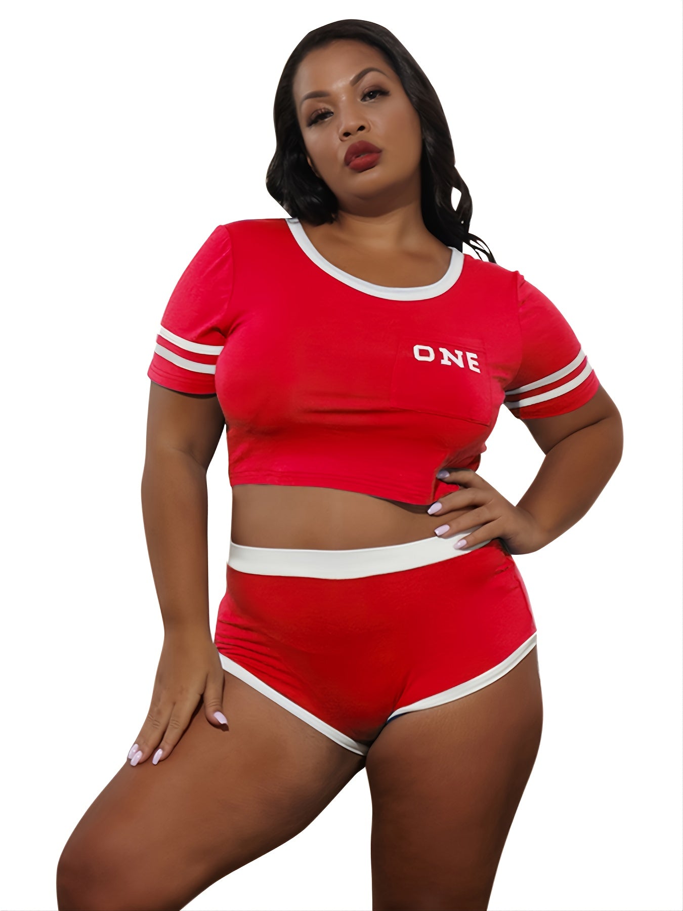 Y2K Colorblock Crop Top & High Waist Skinny Shorts Set
