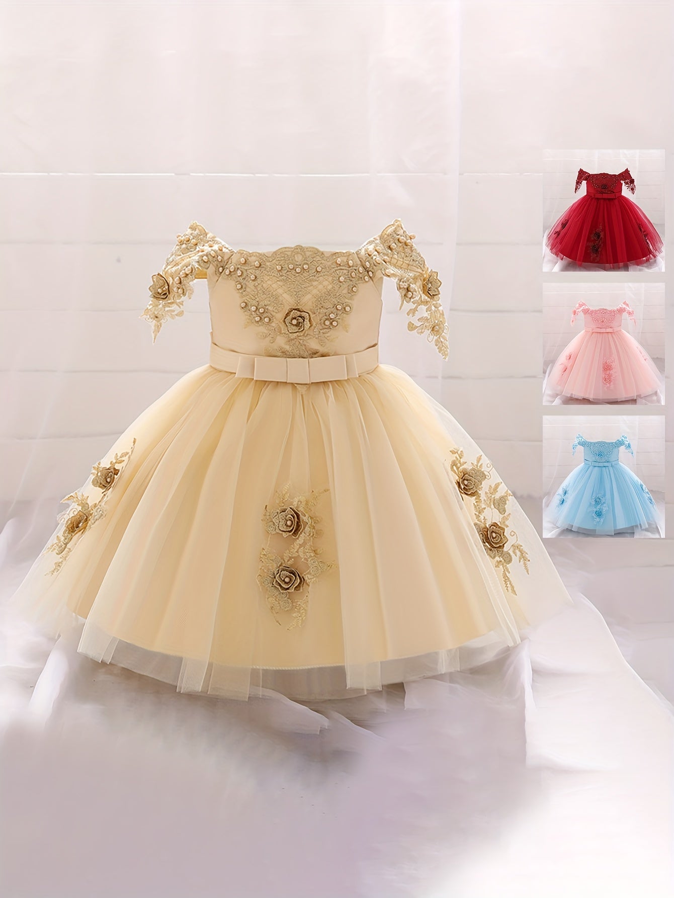 Baby Girls Gown Dress Floral Embroidery Off The Shoulder Mesh Princess Dress