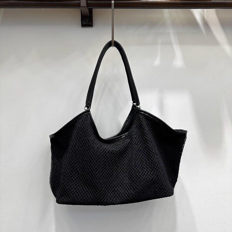 Striped Mesh Splicing Leather Tote Bag with Long Shoulder Strap